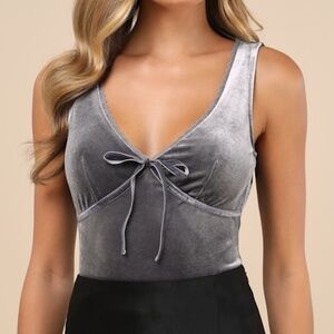 Lulus Dreamy Chicness Dark Grey Velvet Sleeveless Bodysuit - Size L